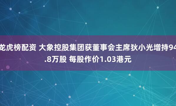 龙虎榜配资 大象控股集团获董事会主席狄小光增持94.8万股 每股作价1.03港元